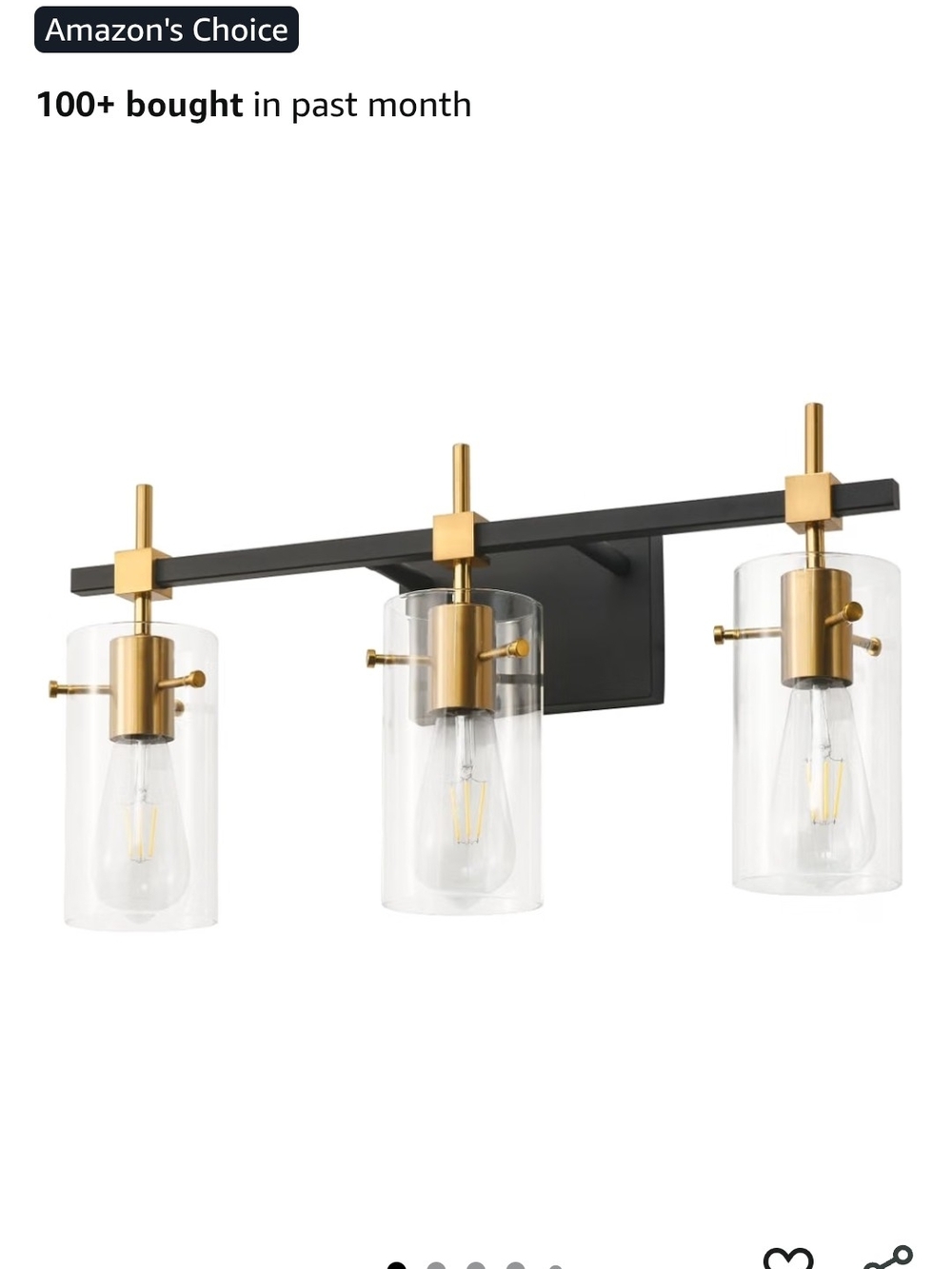 3-Light Black and Gold Vanity Wall Sconce - Modern Glass Shade Bathroom Light